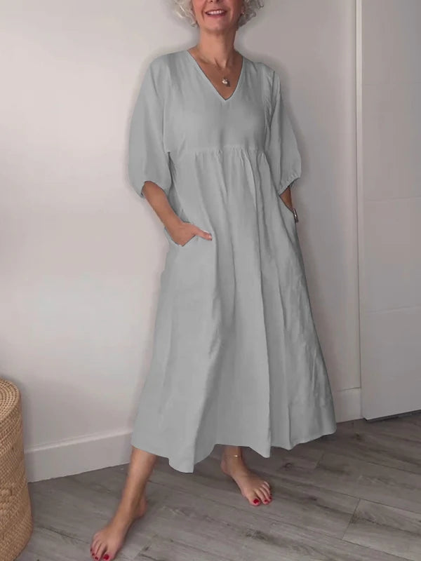 Women's V-neck Solid Color Mid-length Sleeve Dress