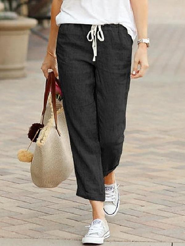 Solid color casual drawstring cotton and linen trousers