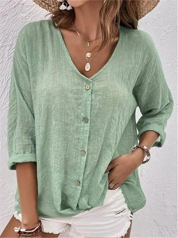 V Neck Cotton-Blend Linen Plain Blouse