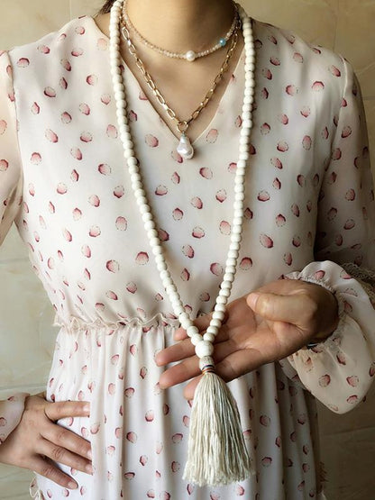 Bohemian White Turquoise Fringe Pendant Handmade Wooden Bead Long Necklace