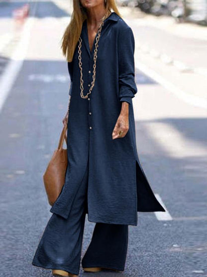 Long Cardigan Top and Wide Leg Trousers Casual Suit