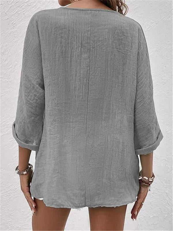 V Neck Cotton-Blend Linen Plain Blouse