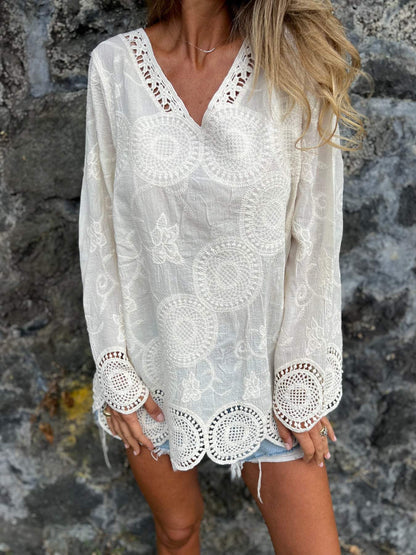 V-neck Ethnic Style Hollow Design Top