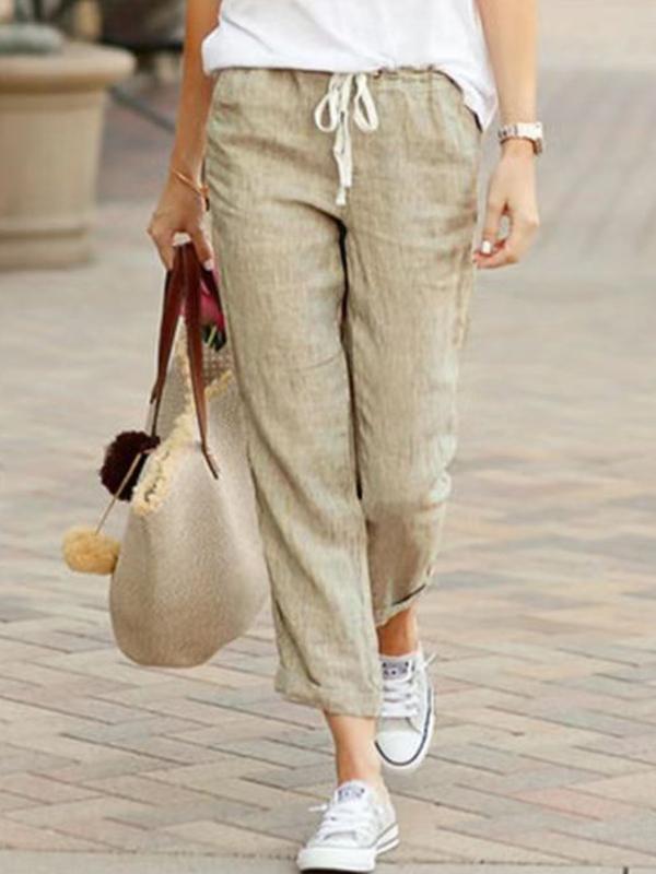 Solid color casual drawstring cotton and linen trousers