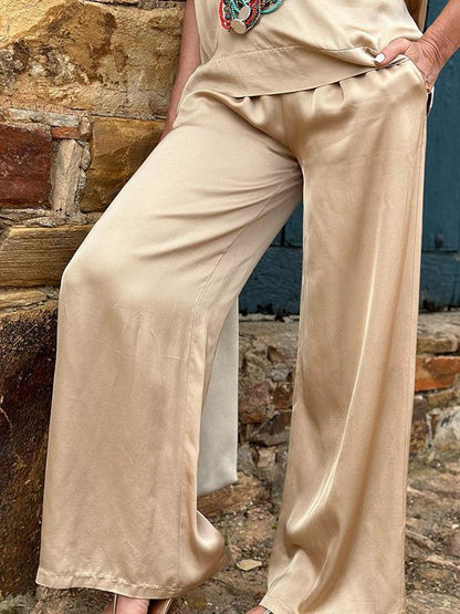 Casual solid color V-neck satin suit
