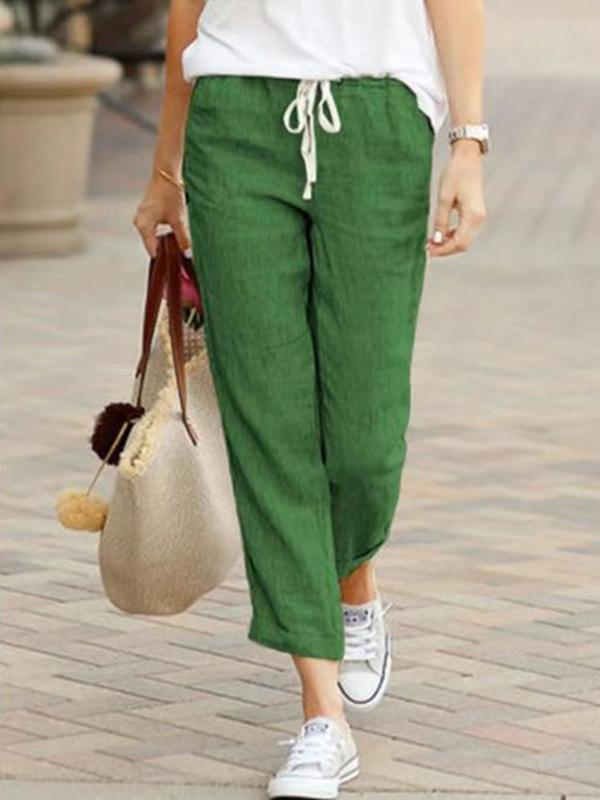 Solid color casual drawstring cotton and linen trousers