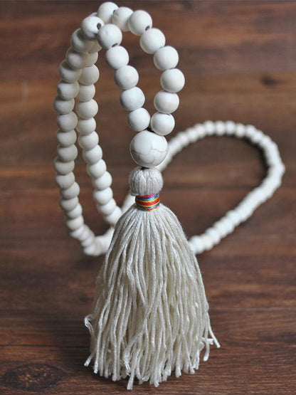 Bohemian White Turquoise Fringe Pendant Handmade Wooden Bead Long Necklace