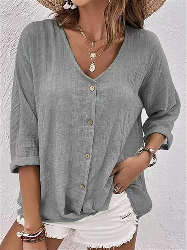 V Neck Cotton-Blend Linen Plain Blouse