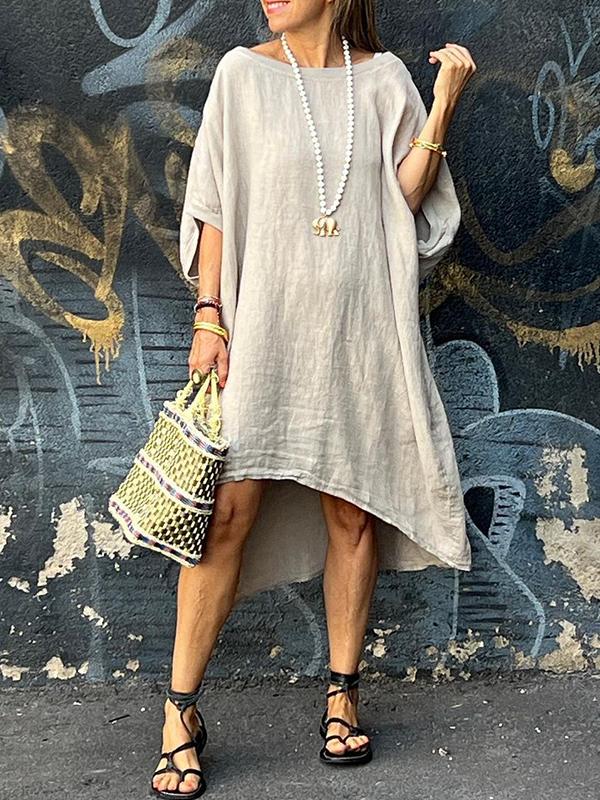 Women's Solid Color Round Neck Sleeved Cotton Linen Dress