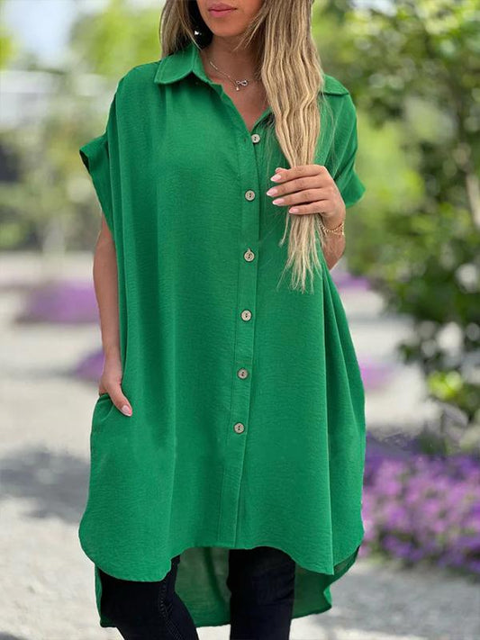 Women's Single Breasted Irregular Short Sleeve Pocket Solid Color Shirt