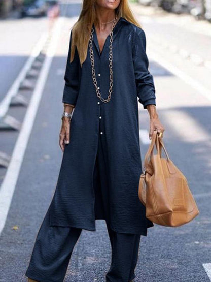 Long Cardigan Top and Wide Leg Trousers Casual Suit