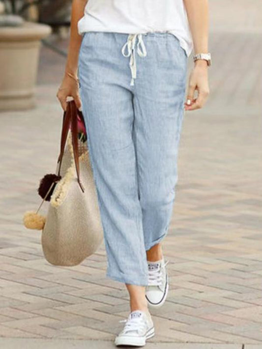 Solid color casual drawstring cotton and linen trousers