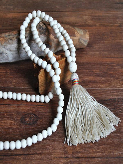 Bohemian White Turquoise Fringe Pendant Handmade Wooden Bead Long Necklace