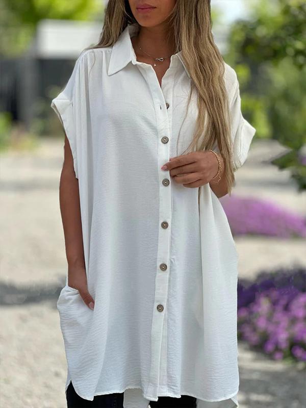 Women's Single Breasted Irregular Short Sleeve Pocket Solid Color Shirt