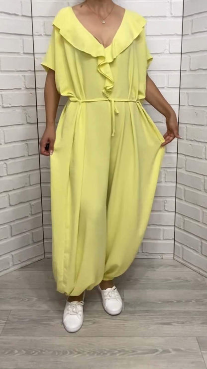 Women's Casual Solid Color Short Sleeve Loose Jumpsuit