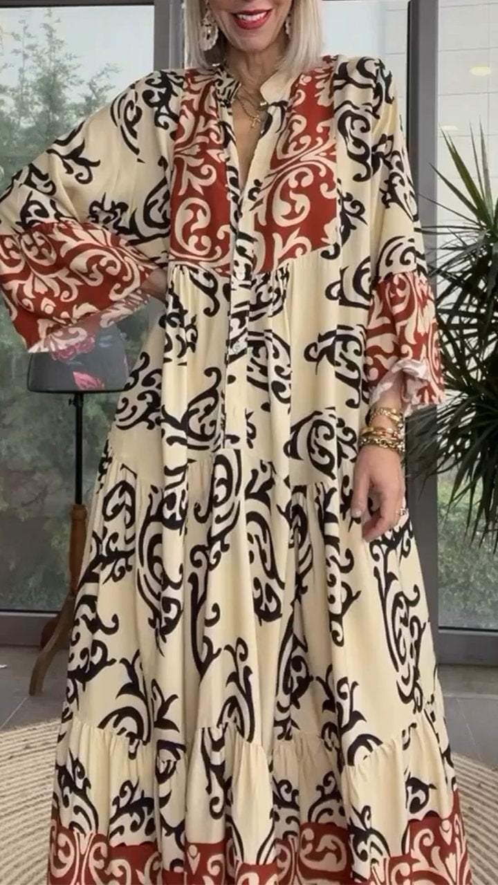 Printed V-neck Dress with Mid-length Sleeves