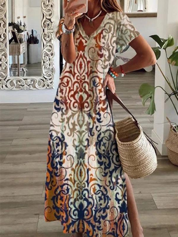 Spring and Summer Casual Slit Fashion Printed Long Skirt
