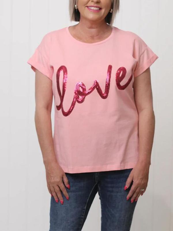 Women's Round Neck Gold-stamped Love Letter Printed T-shirt