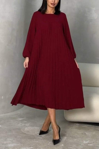 Women's Casual Round Neck Pleated Long Sleeve Dress