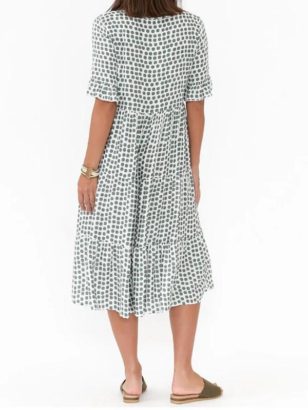 Polka Dots Green Lotus Leaf Sleeves Linen Beach Boho Dress