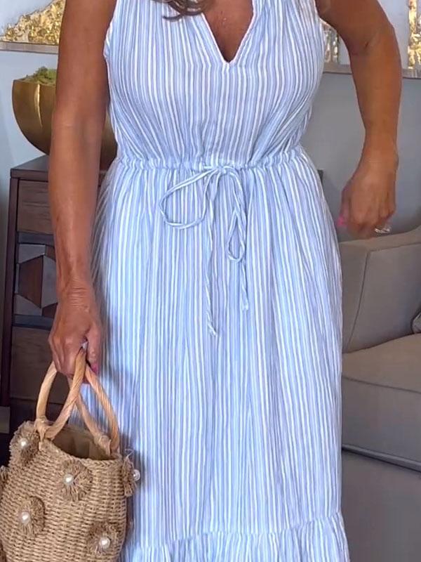 Summer V-neck Striped Sleeveless Dress