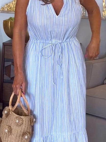 Summer V-neck Striped Sleeveless Dress