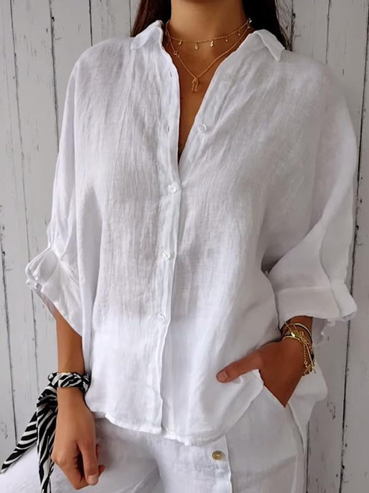 Women's Cotton and Linen Solid Color Casual Shirt