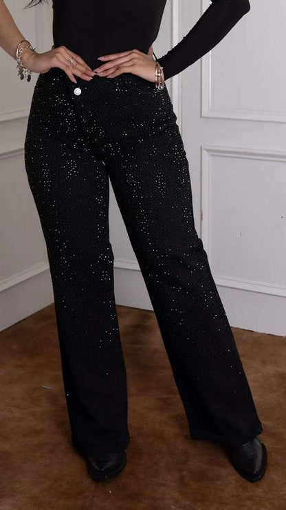 Women's Rhinestone Shiny Flared Wide-leg Casual Jeans