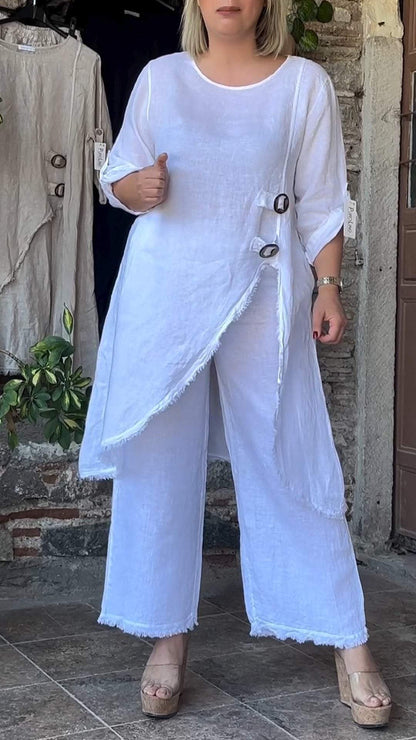 Round Neck, Mid-sleeves, Slit Cotton and Linen Two-piece Suit