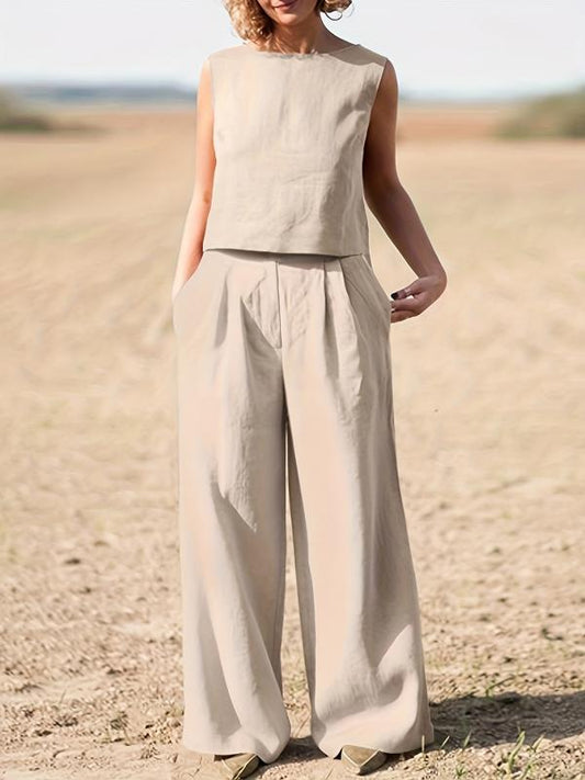 Crew Neck Sleeveless Tank Top & High Waist Wide Leg Pants Outfits