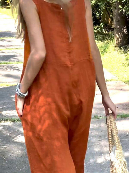 Comfortable solid color cotton and linen jumpsuit