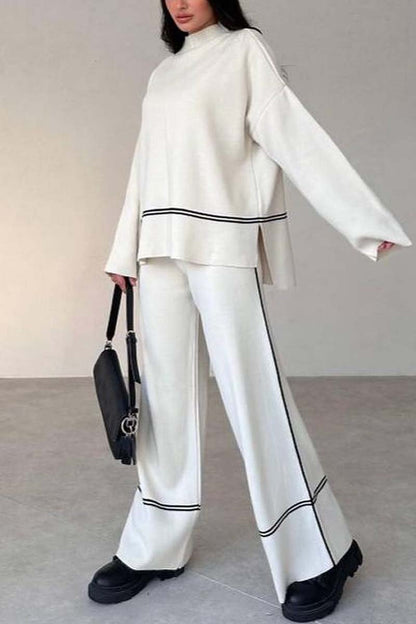 Women's slit hem contrast trim long-sleeve sweater suit