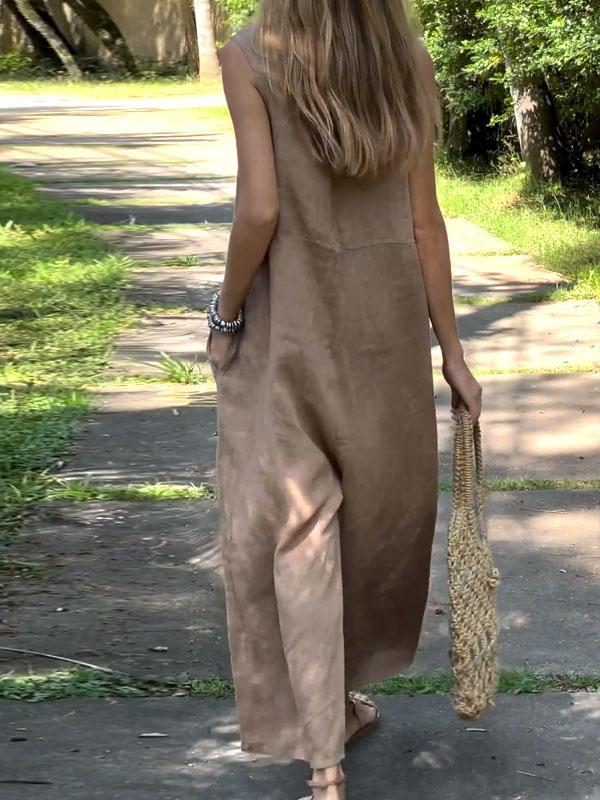 Comfortable solid color cotton and linen jumpsuit