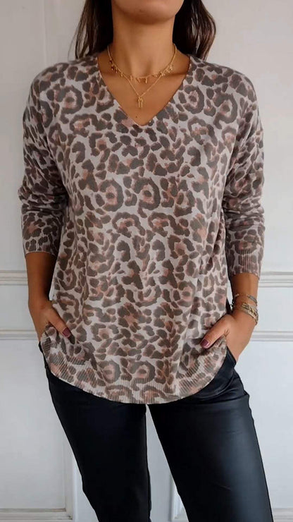 Casual V-neck Leopard Print Long-sleeved Top