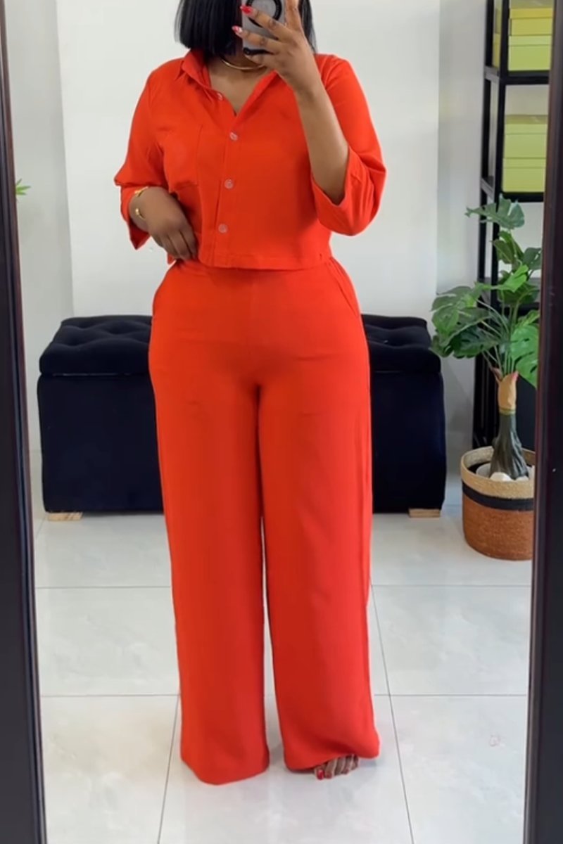 Women's Casual POLO Collar Long-sleeved Top Wide-leg Pants Suit