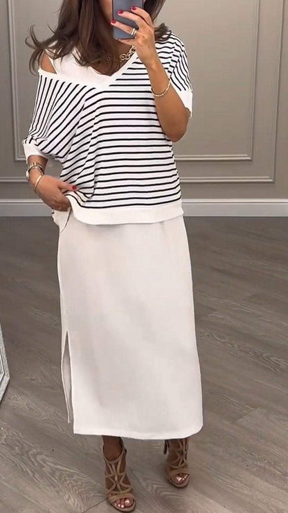 V-neck Short-sleeved Striped T-shirt Two-piece Set