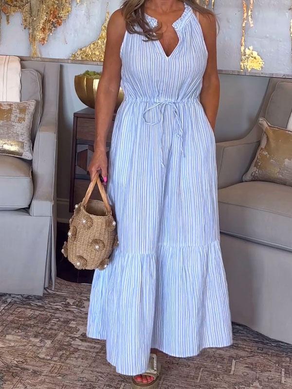 Summer V-neck Striped Sleeveless Dress