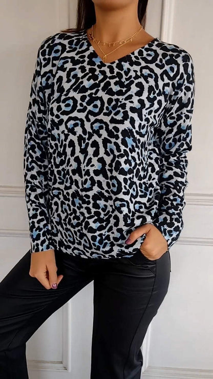 Casual V-neck Leopard Print Long-sleeved Top