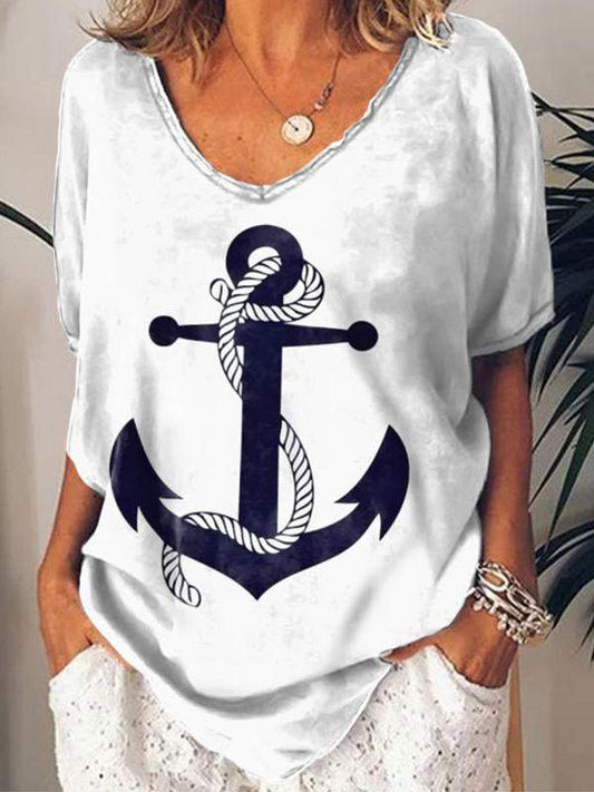 Anchor Print V-neck Striped  T-shirt