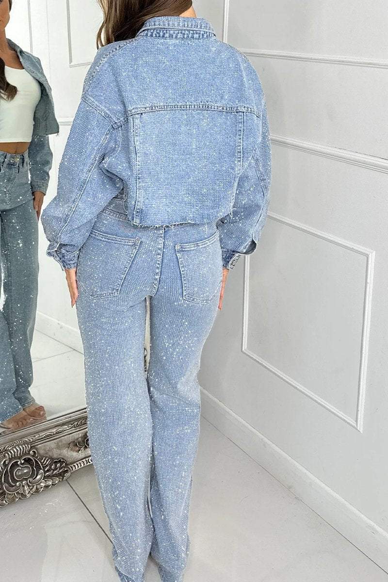 Women's Lapel Rhinestone Shiny Casual Denim Suit