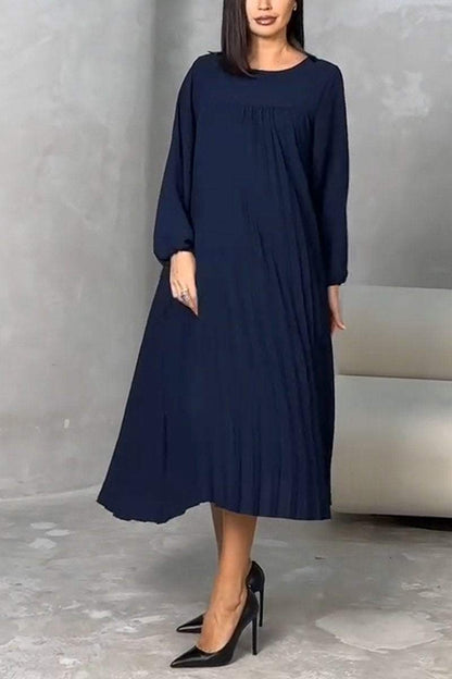 Women's Casual Round Neck Pleated Long Sleeve Dress