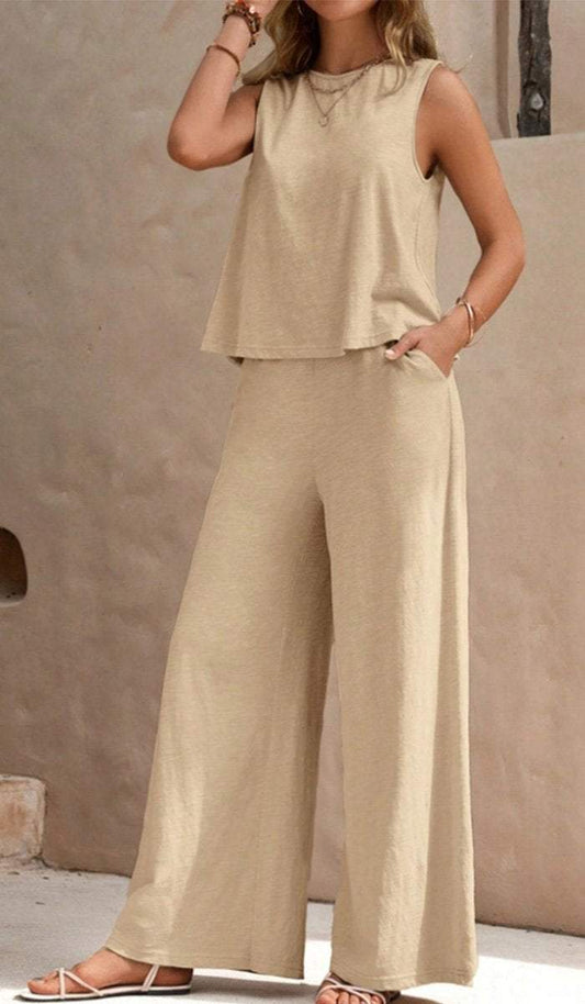 Pleated Textured Vest and Wide-leg Trousers Set