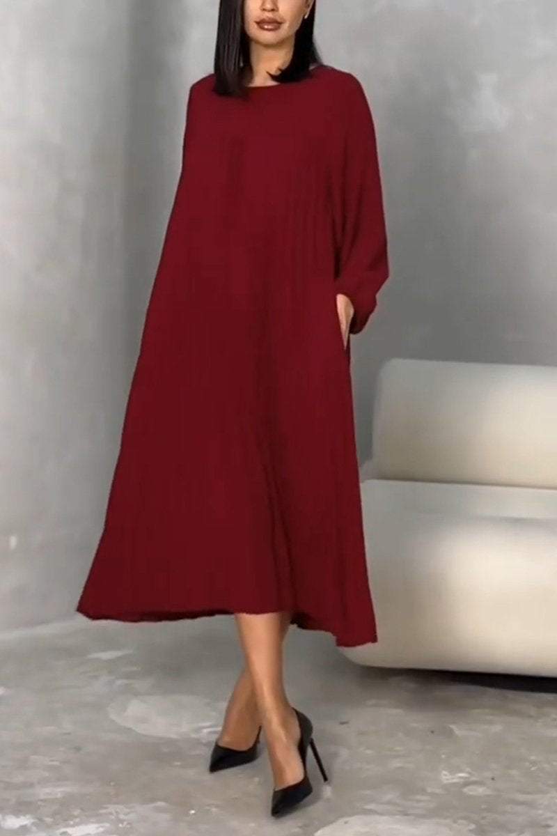 Women's Casual Round Neck Pleated Long Sleeve Dress