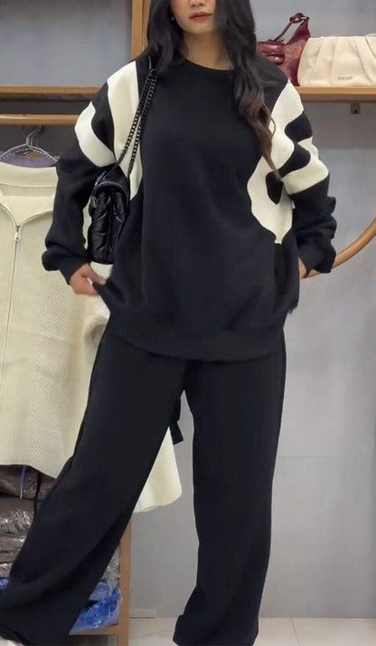 Women's Casual Round Neck Contrast Color Sweatshirt Two Piece Set