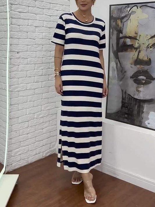 Women's Casual Round-neck Striped Short-sleeved Dress