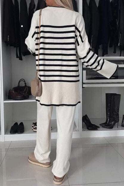 Women's Multi-colored Striped Crew Neck Pullover Casual Knit Suit