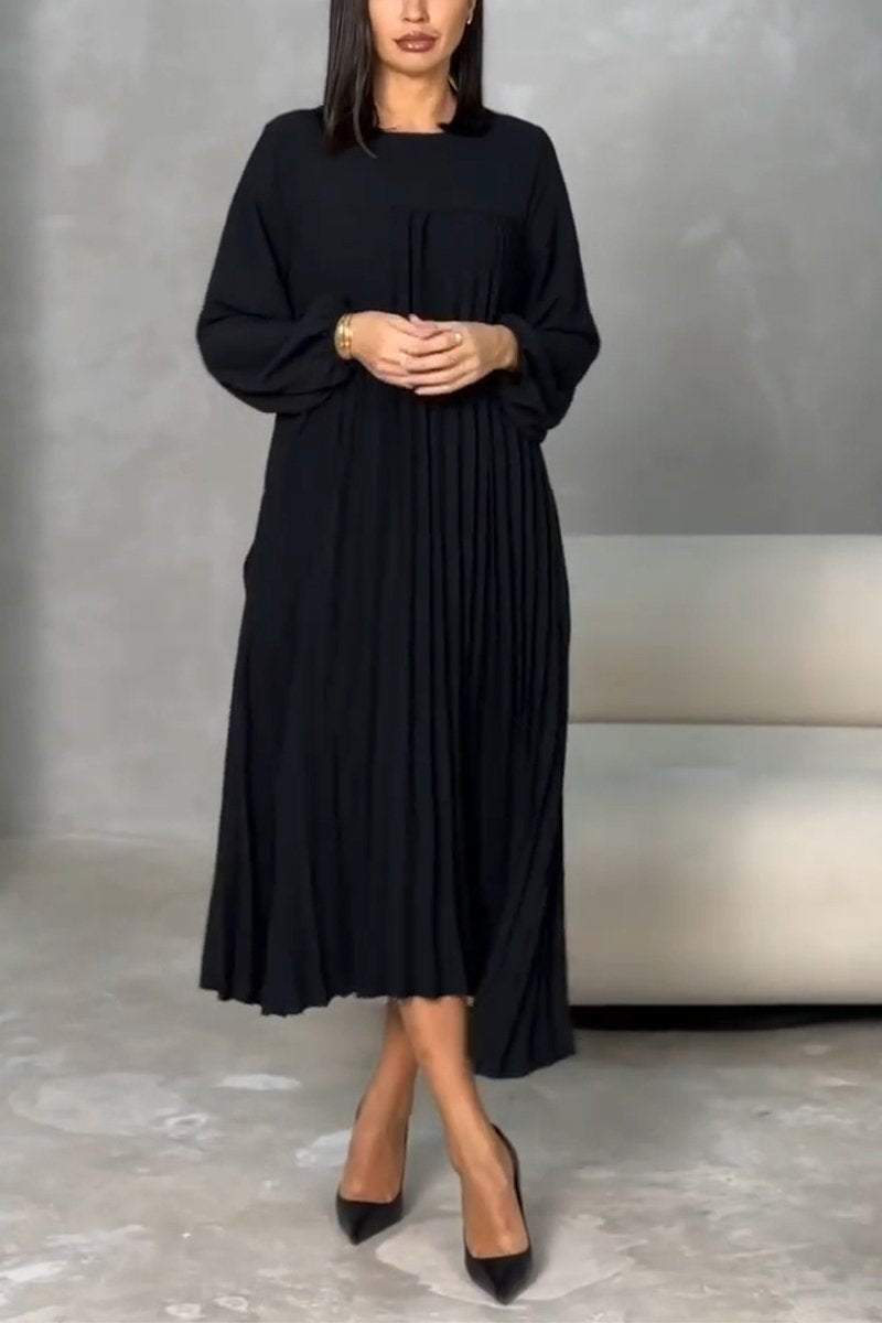 Women's Casual Round Neck Pleated Long Sleeve Dress