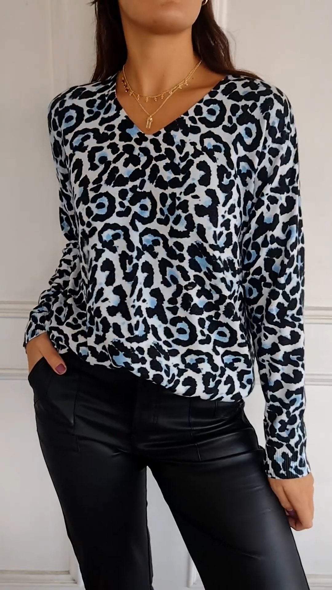 Casual V-neck Leopard Print Long-sleeved Top