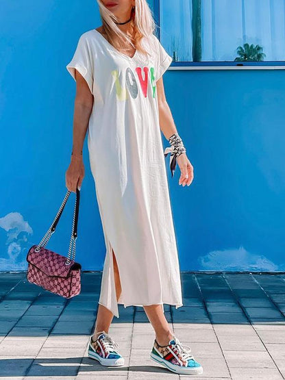 Letter print v-neck slit dress