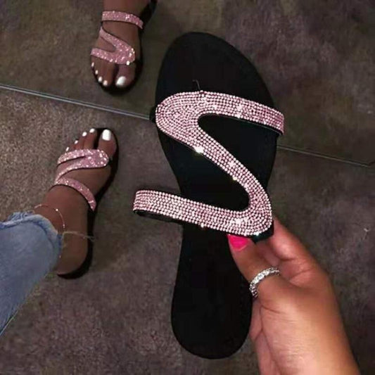 Rhinestone Z-shaped Flat Casual Sandals